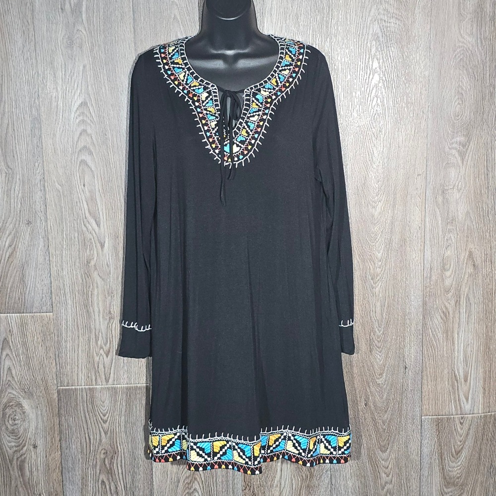 Theme Embroidered‎ Boho Tunic Top Dress L Black Floral Peasant Mid-Length